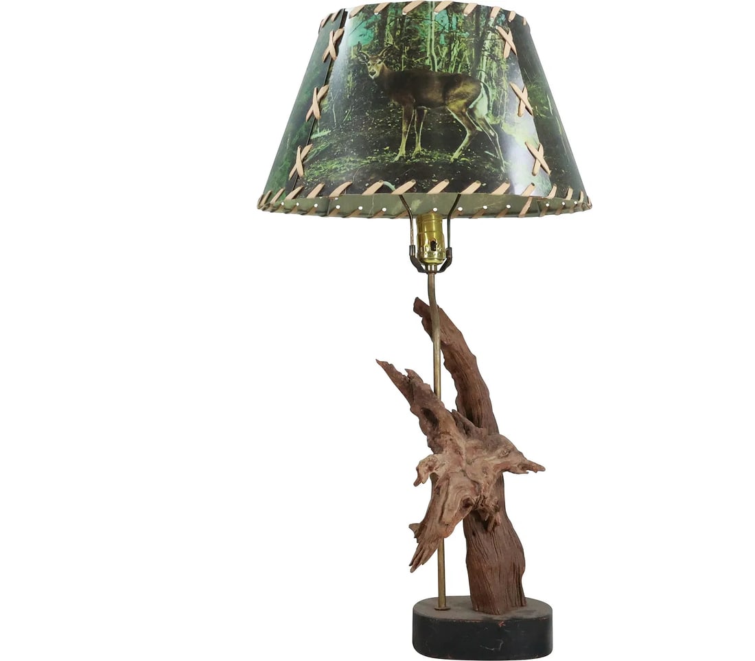 Vintage Driftwood Lamp with Vintage "Deer" Lamp Shade 31 in,. overall height (1 of 17)
