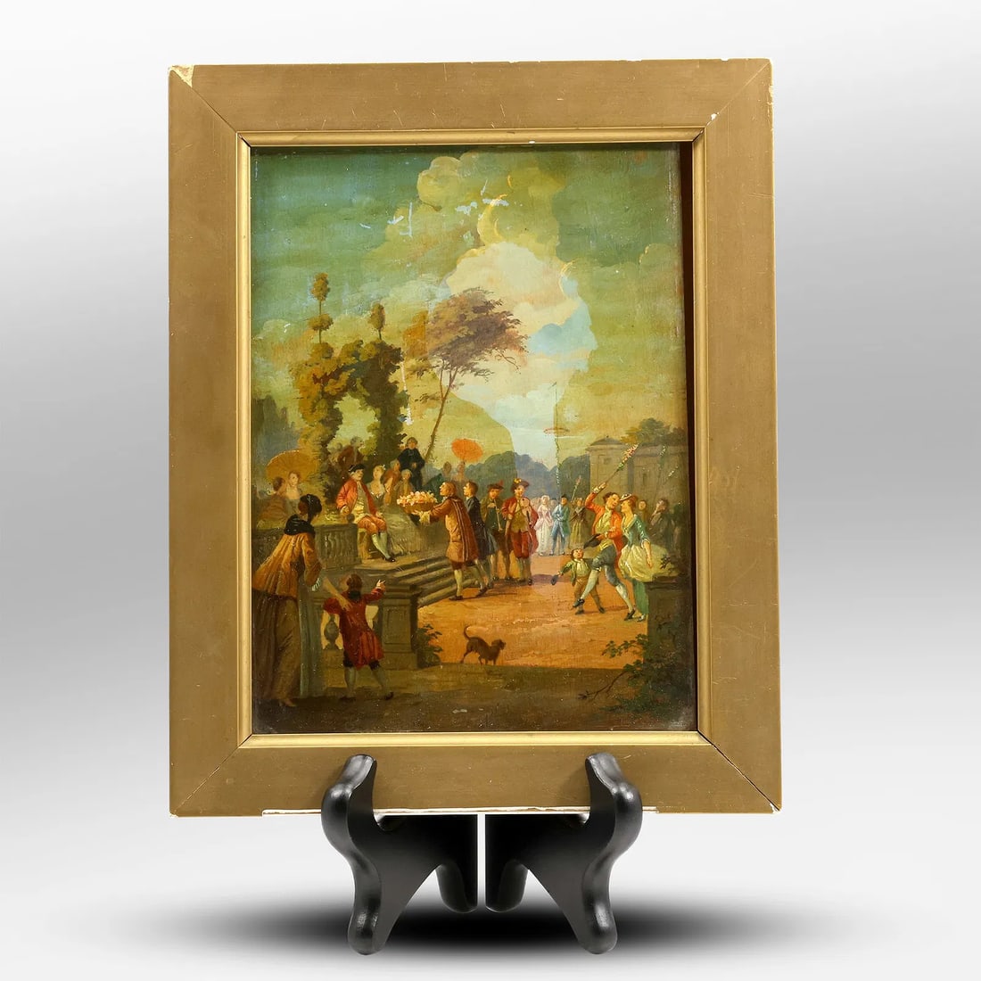 Fine Quality Oil on Board Painting Old World Celebration with Giving an Offering, Name on Verso: Fine Quality Antique Oil on Board Painting Old World Celebration with Giving an Offering, Name on Verso written, Framed. size: .5h 9.5w S:A** Important Auction information:**** All lot descriptions