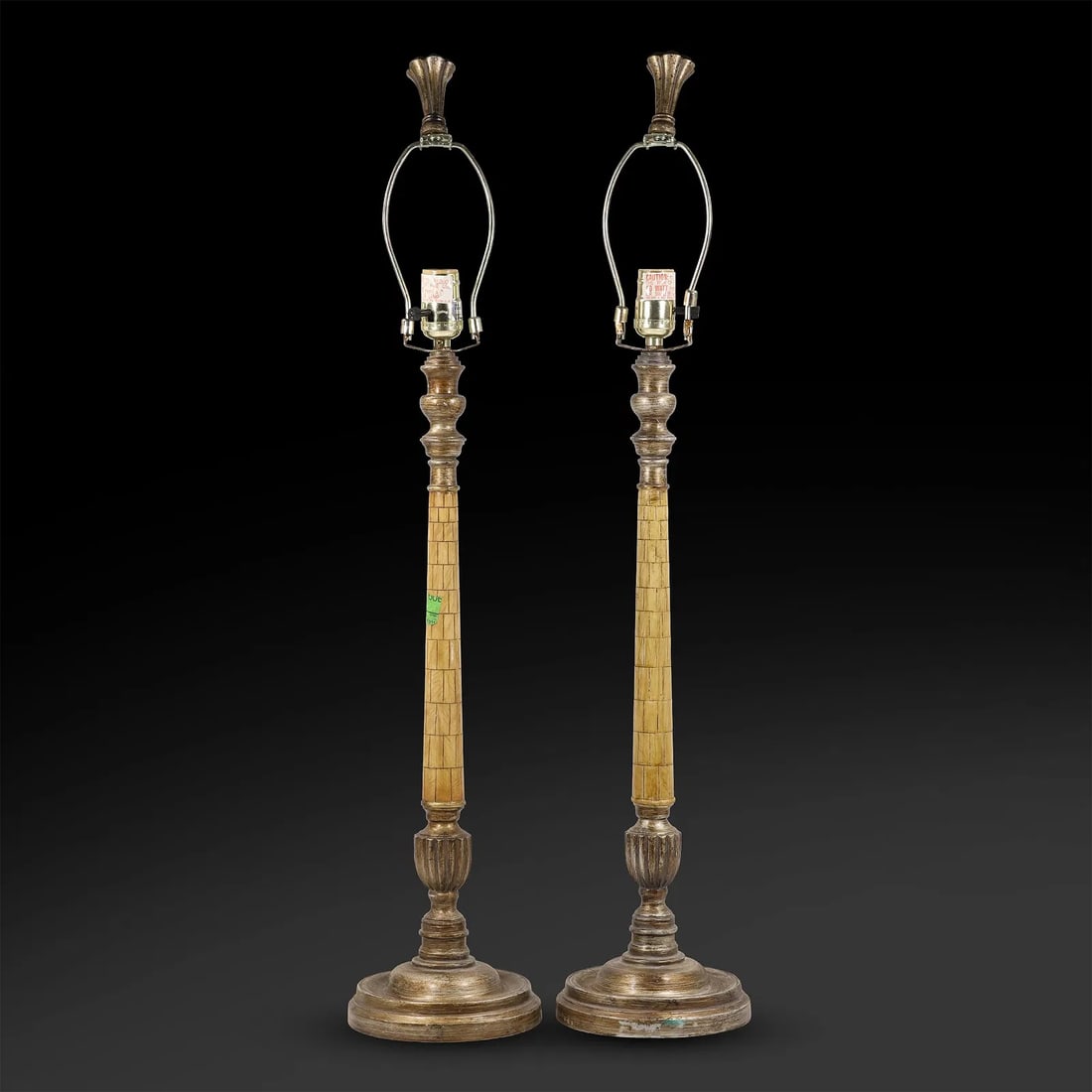 Pair Tall Hollywood Regency Table Lamps with Cubical Bone Squares Center Columns 33 in. height (1 of 12)