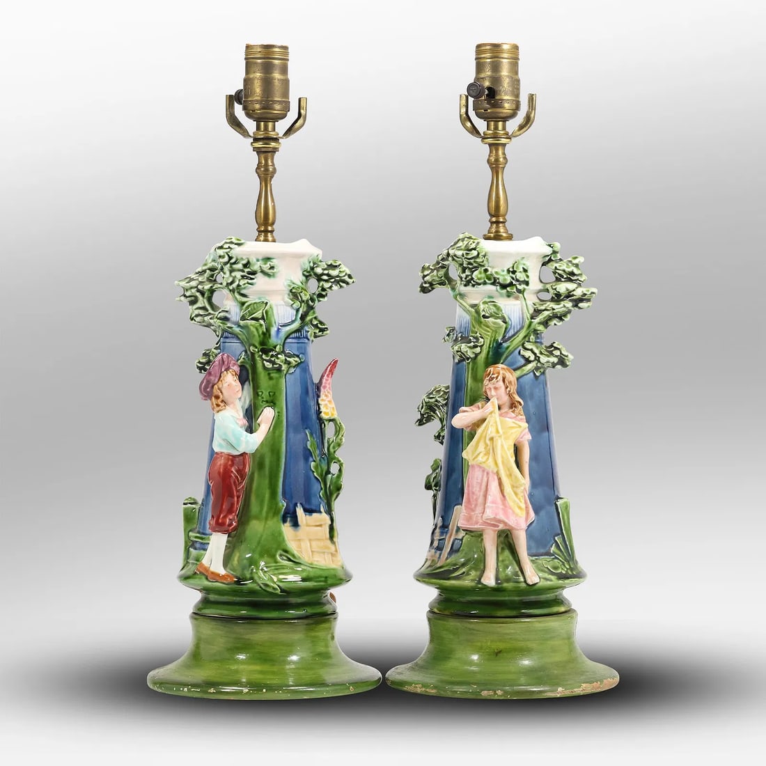 Pair of Porcelain Art Nouveau Majolica Children Vases Table Lamps 18.5 in. height x 6.75 in. wide: Pair of Porcelain Art Nouveau Majolica Children Vases Table Lamps 18.5 in. height x 6.75 in. wide. size: 18.5h 6.75w S:a** Important Auction information:**** All lot descriptions in this auction were 