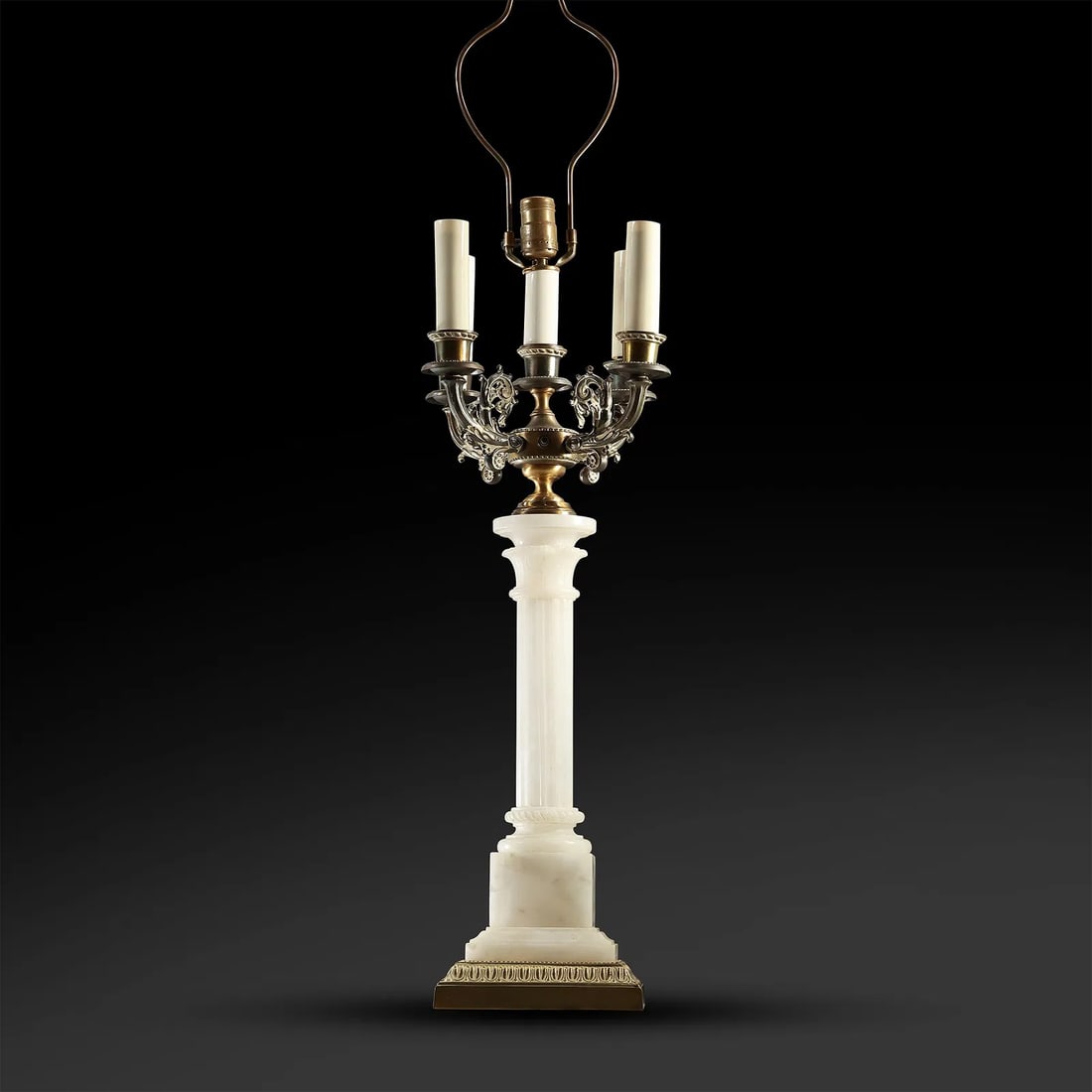 Circa 1850 White Onyx and Bronze French Empire Column Candelabrum Electrified Table Lamp. 40 inches: Circa 1850 White Onyx and Bronze French Empire Column Candelabrum Electrified Table Lamp. 40 inch overall height. S:MD** Important Auction information:**** All lot descriptions in this auction were ge