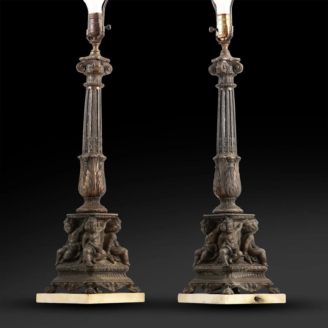 Pair Antique Neo-Classical Tall Table Lamps, Cast Metal, Cherub Figures on Base, 39 in. height (1 of 16)