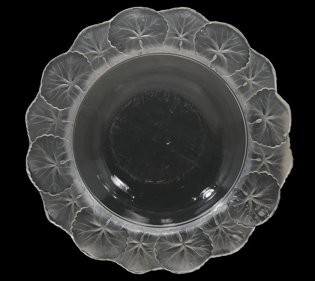 Signed Lalique Crystal LARGE Art Glass Honfleur Geranium Lily Pad Frosted Edge Bowl 11" (1 of 11)