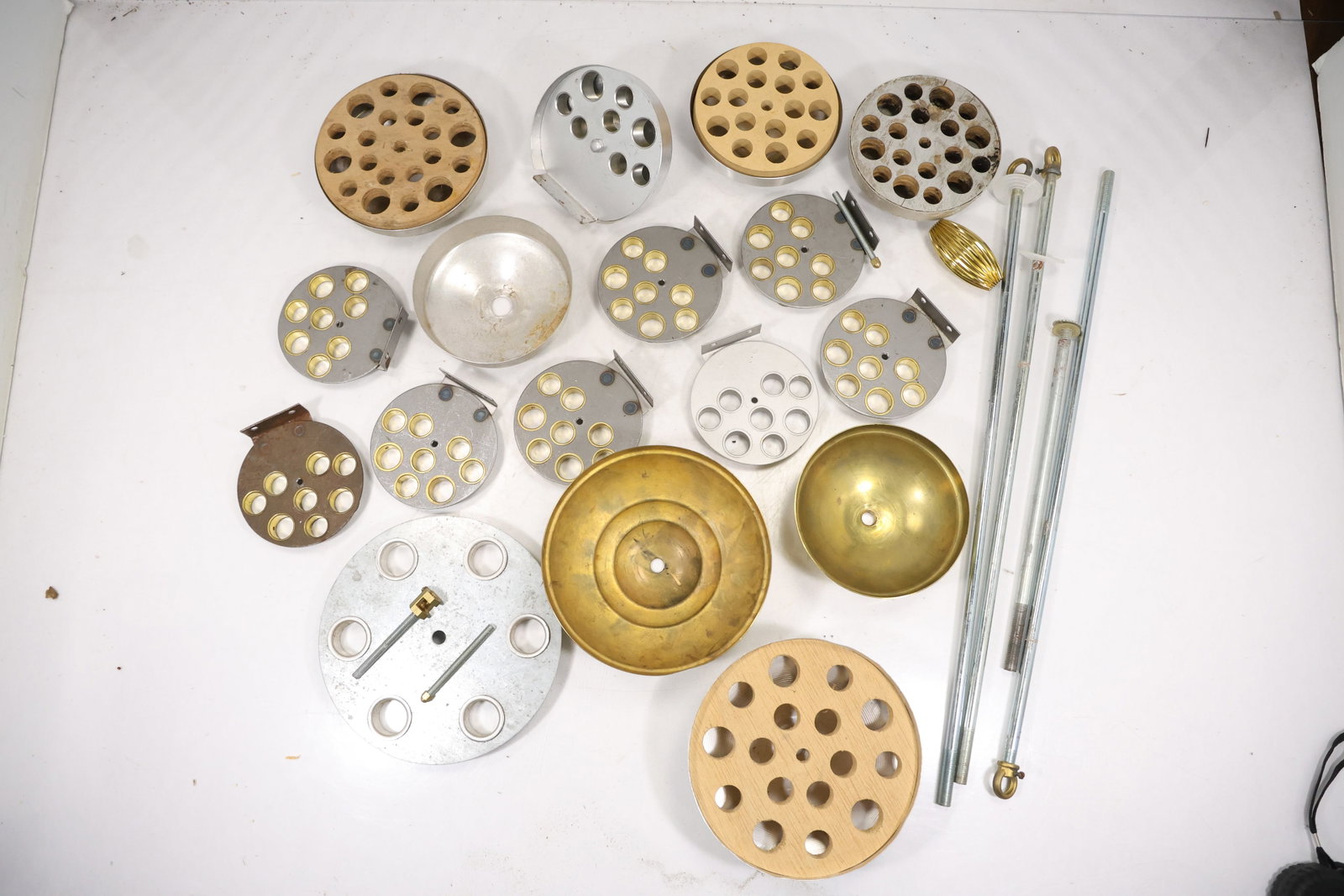 Vintage Mid Century Murano Chandelier Bobeches and Mounting Parts Group of 22: Group of 22 vintage mid century Murano chandelier components from confirmed importer stock. The photographs show assorted glass bobeches pierced mounting plates domed covers and metal hardware intende