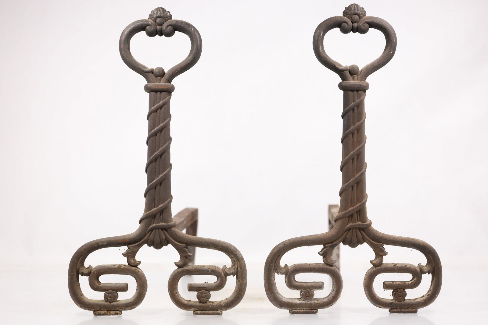 Pair Cast Iron Heart Scroll Fireplace Andirons (1 of 13)