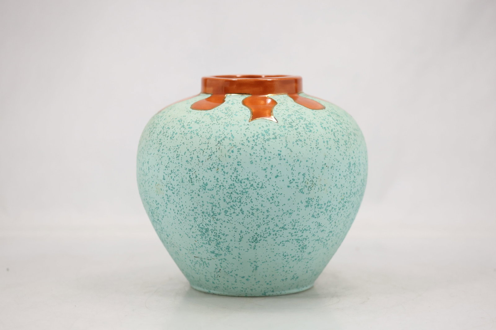Teal Crackle Glaze Pottery Vase with Orange Rim (1 of 15)