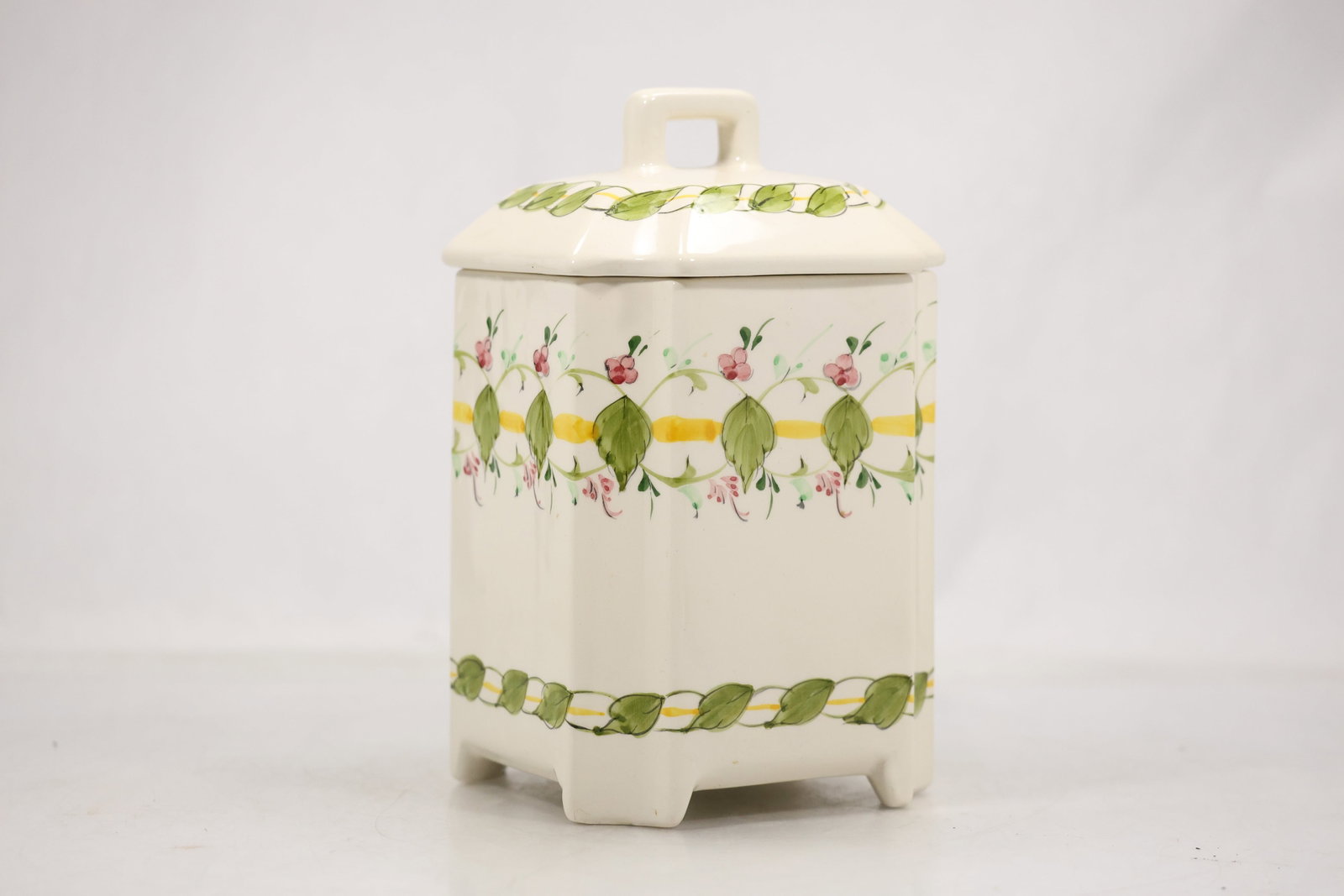 Green and White Decorated Ceramic Covered Jar (1 of 12)