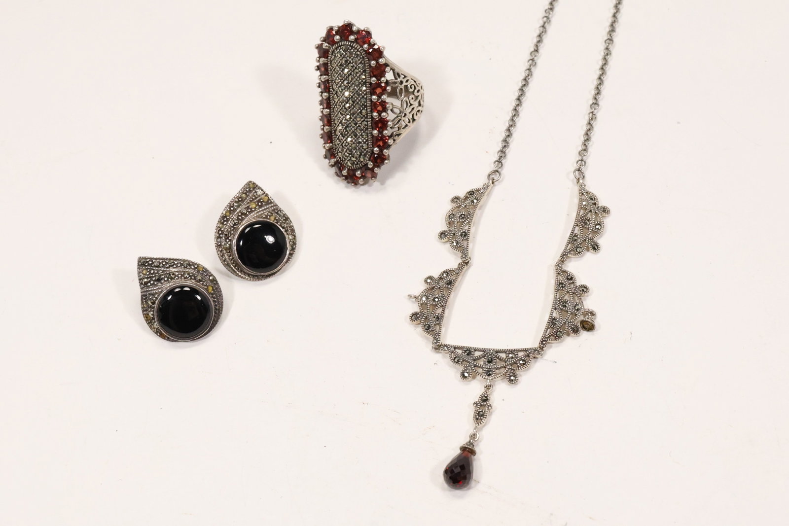 Sterling Silver Garnet Marcasite and Black Onyx Jewelry Set (1 of 17)