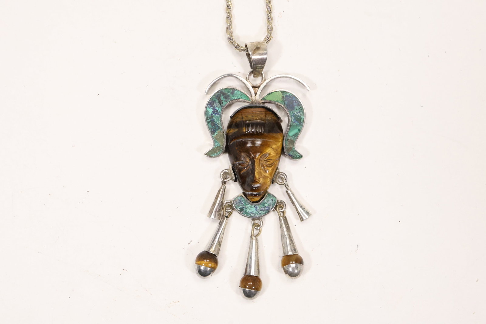 Mexican Sterling Tiger Eye and Malachite Figural Pendant (1 of 11)