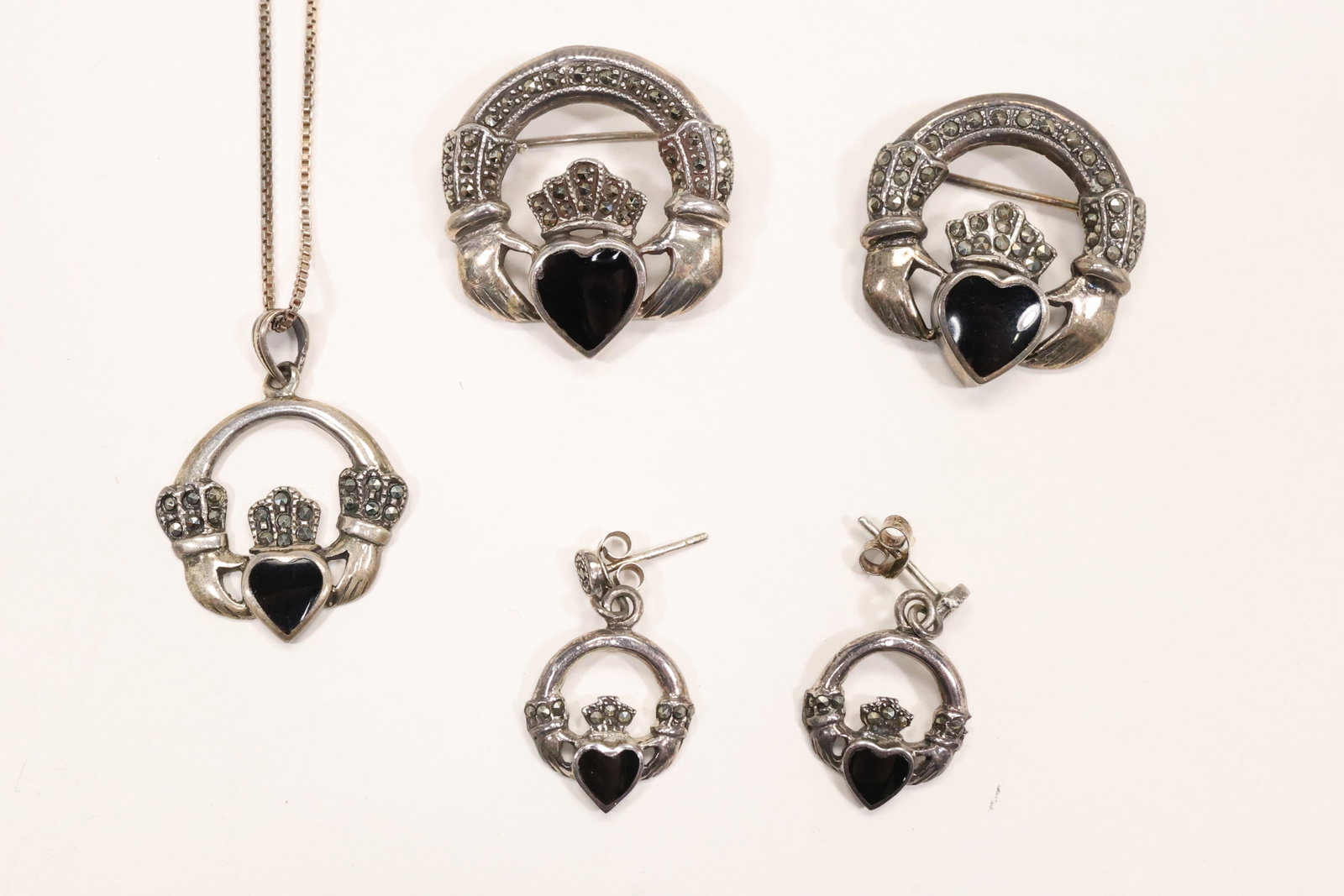 Sterling Silver Marcasite Black Onyx Claddagh Jewelry Set (1 of 15)