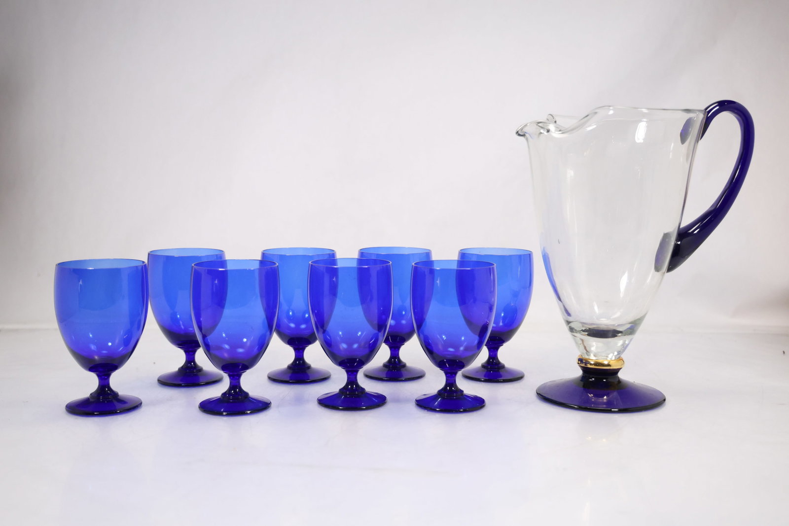 Cobalt Blue Stemmed Glasses and Clear Pitcher Set (1 of 16)