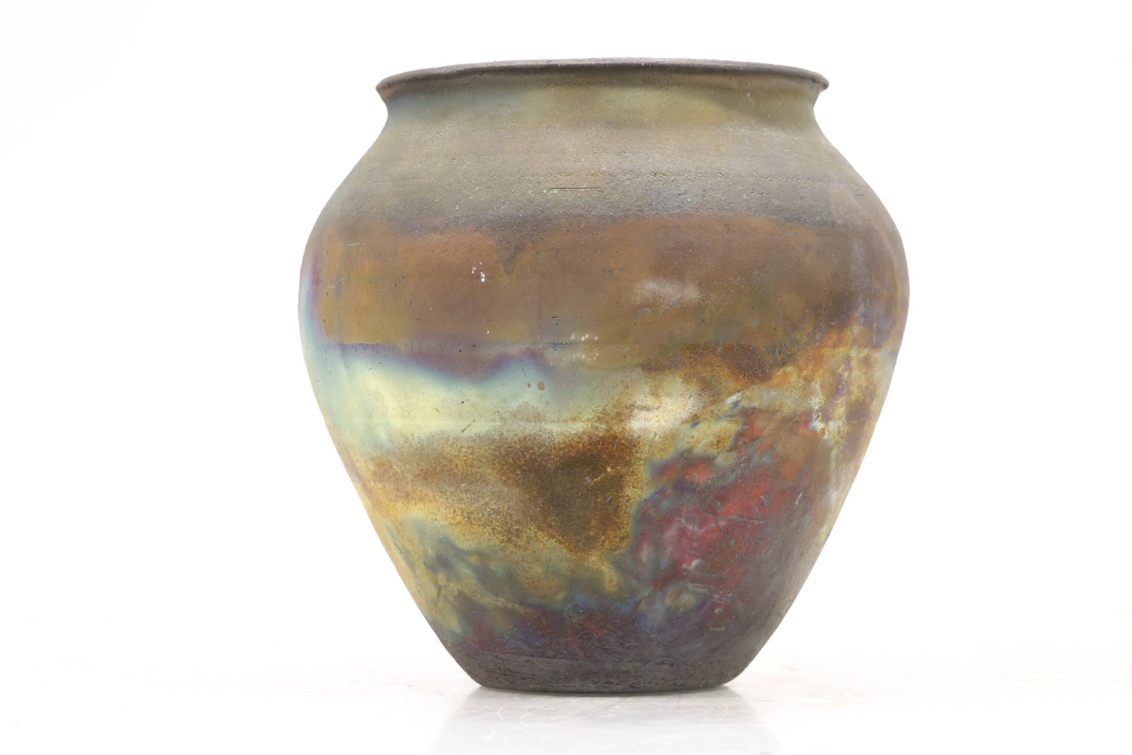 Studio Pottery Landscape Vase: Rounded studio pottery vase with short neck and painterly landscape style decoration in earth tones. The textured glaze includes gray green rust and ochre passages around the body. The form relates