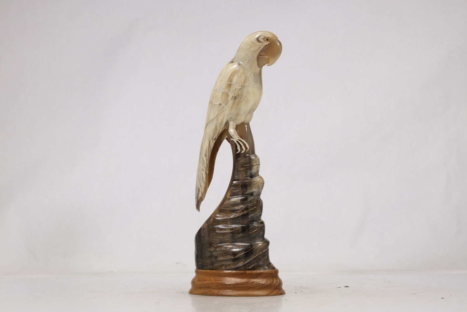Vintage Hand-Carved Water Buffalo Horn Parrot Sculpture on Polished Wood Base (1 of 10)