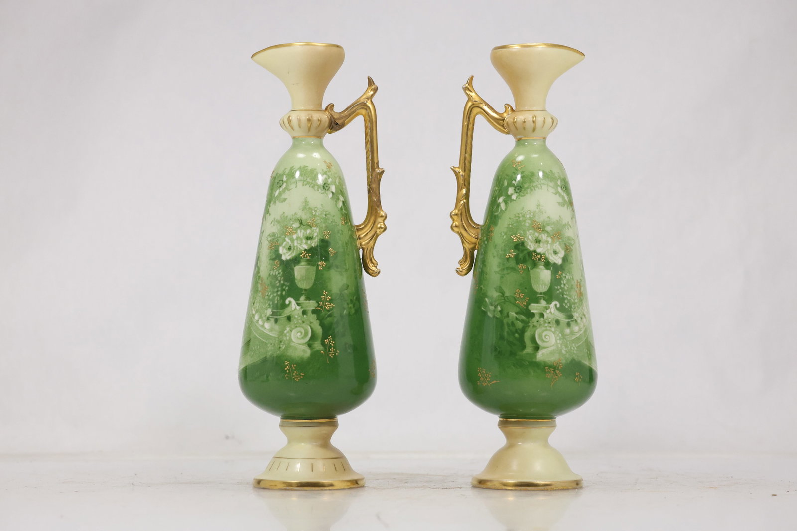 Pair Green Enamel Decorated Art Glass Vases (1 of 14)