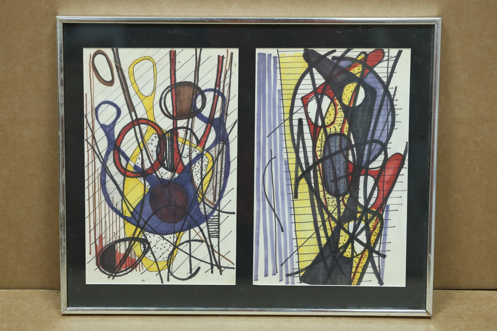 Pair of Modern Abstract Ink Drawings with Primary Colors: Framed pair of works on paper featuring looping black lines circular forms and red yellow and blue accents. No readable artist signature is visible in the reviewed photographs. The linear treatment re