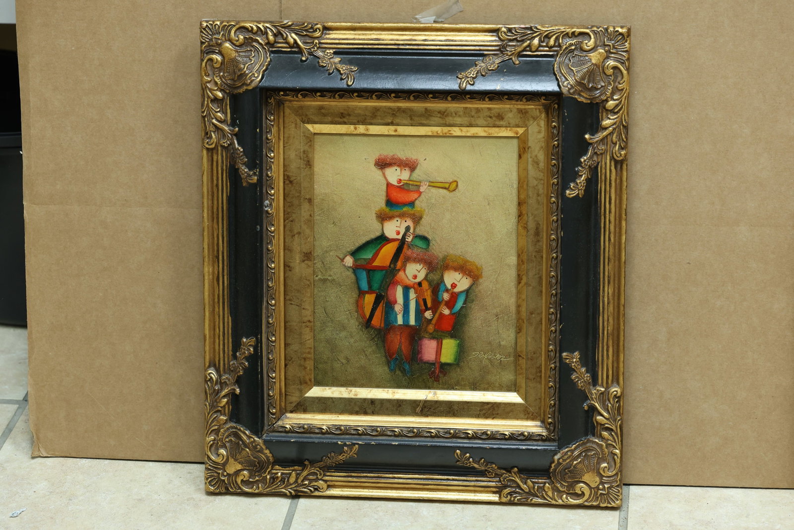 J Roybal Whimsical Stacked Musicians Painting: Whimsical painting depicting a vertical group of stylized musicians with instruments. The work is signed J Roybal and dated 02. The direct forms and narrative presentation relate to folk and naive art