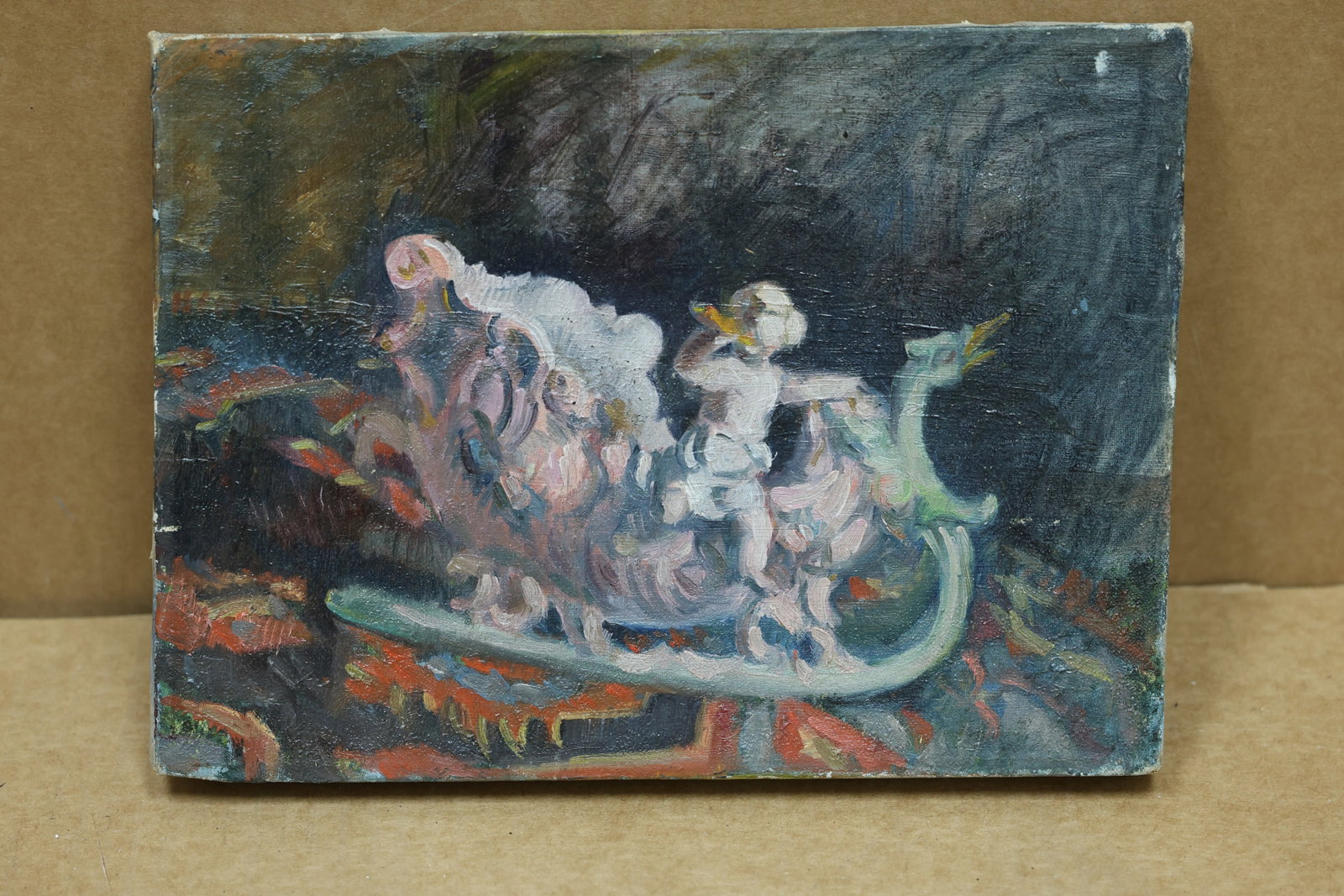 Expressive Ceramic Vessels and Figurines Still Life: Framed expressive still life painting depicting ceramic vessels and small figurines against a dark ground. A Brooklyn stamp is present on the reverse and no clear artist signature is visible. The arra