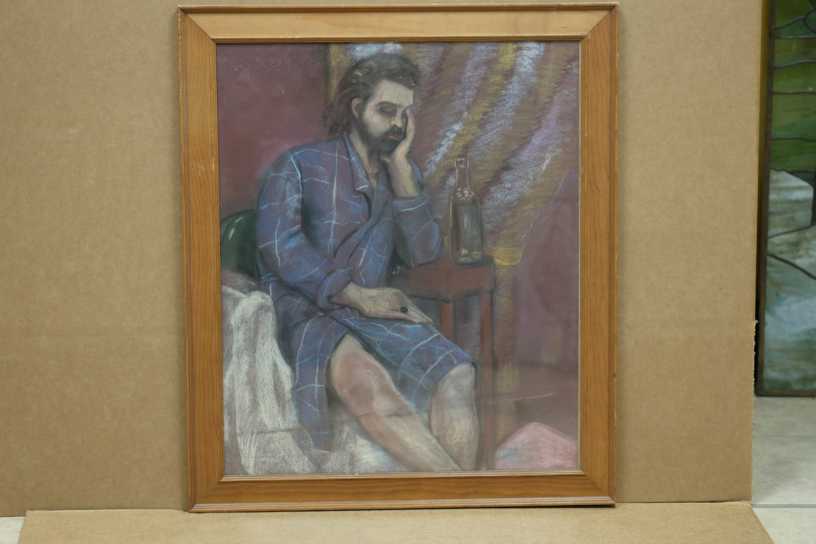 Gloria Wallace Seated Bearded Man Pastel Drawing: Framed pastel drawing on paper depicting a seated bearded man in a robe holding a bottle. The lower signature appears to read Gloria Wallace. The simplified figure and expressive color relate to moder