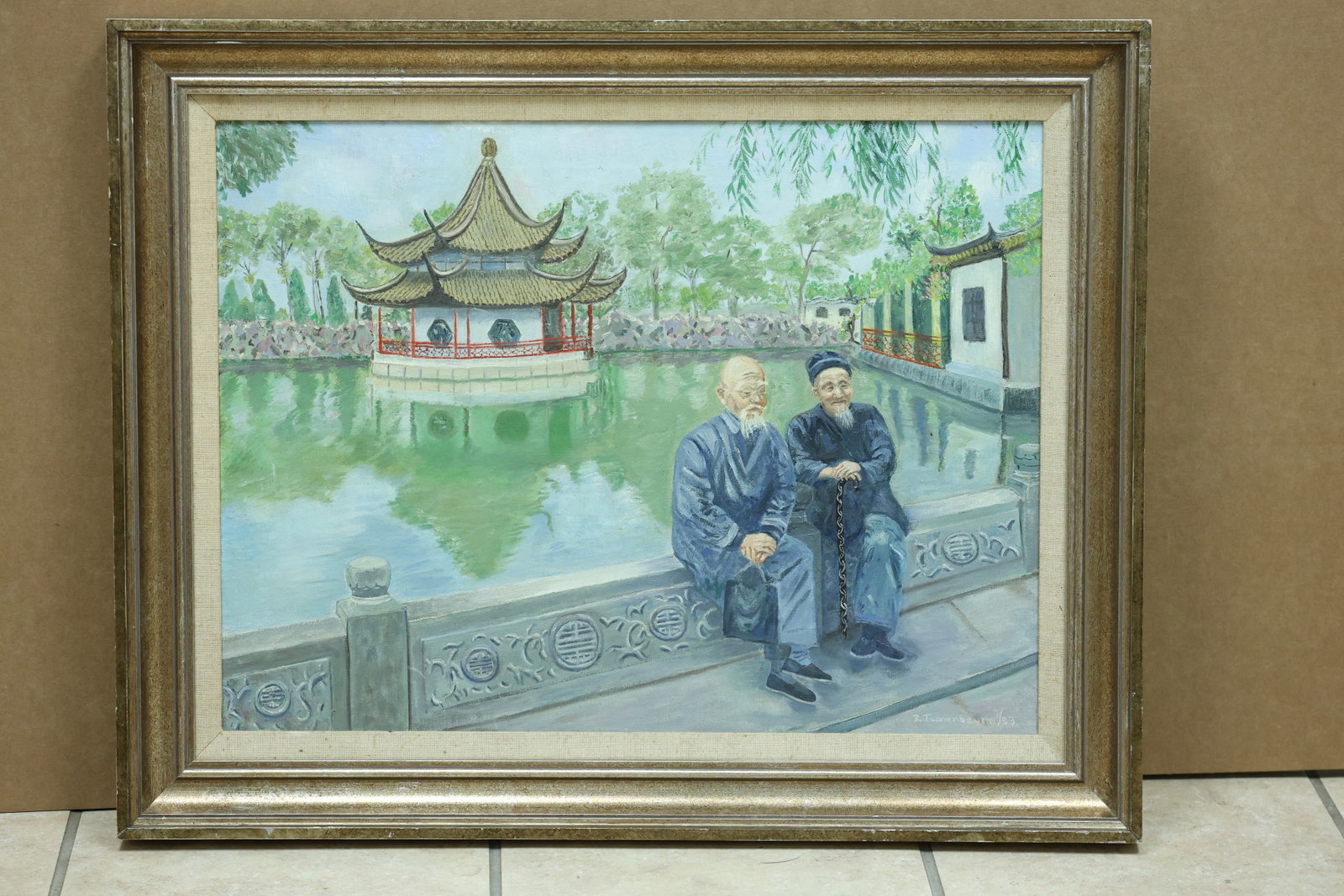 Tannenbaum Two Elders by Chinese Garden Pavilion Painting: Framed painting depicting two seated elders beside a pond and pavilion in a Chinese garden setting. The lower signature appears to read J Tannenbaum and may alternatively begin with I or D. The brushw