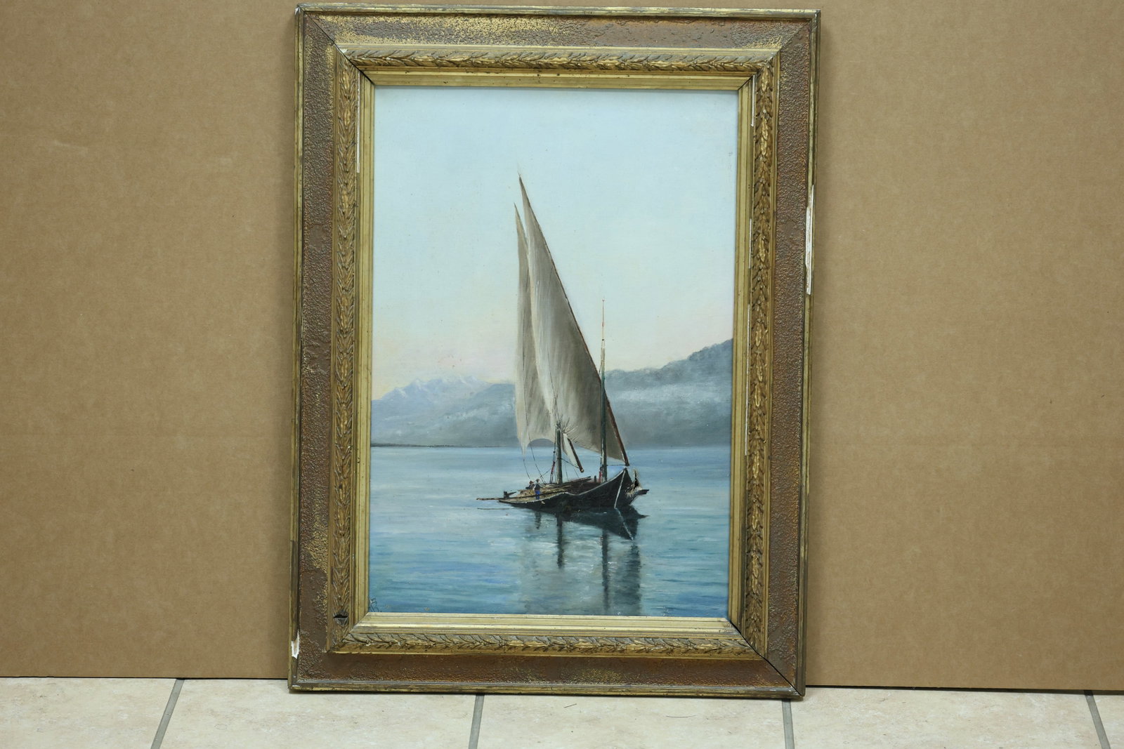PB Initialed Sailboat and Mountain Landscape Painting (1 of 13)