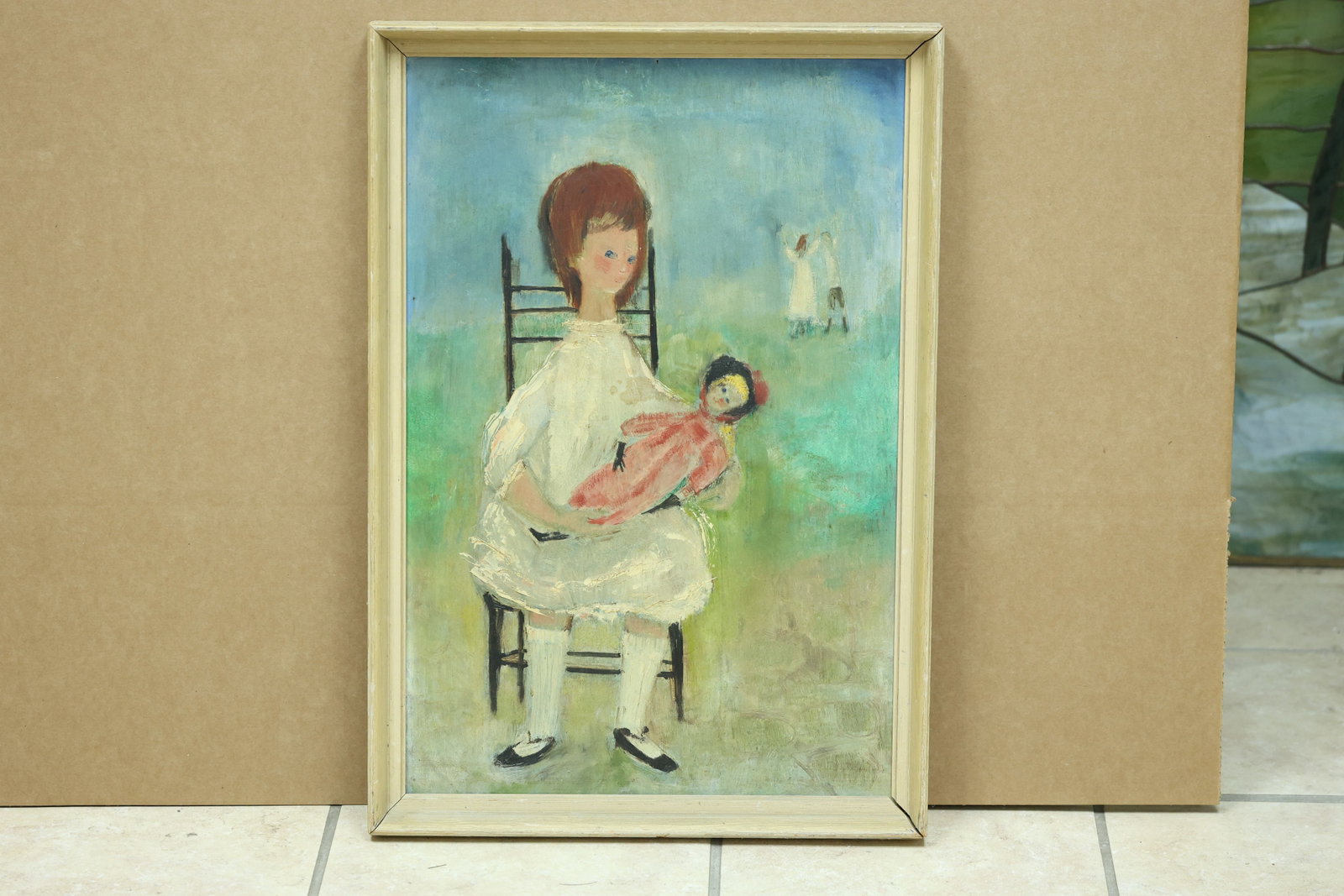 Girl Holding Doll Seated Portrait Painting: Framed portrait painting depicting a seated young girl holding a doll in an interior setting. No readable artist signature is visible in the reviewed photographs. The simplified figure and expressive 