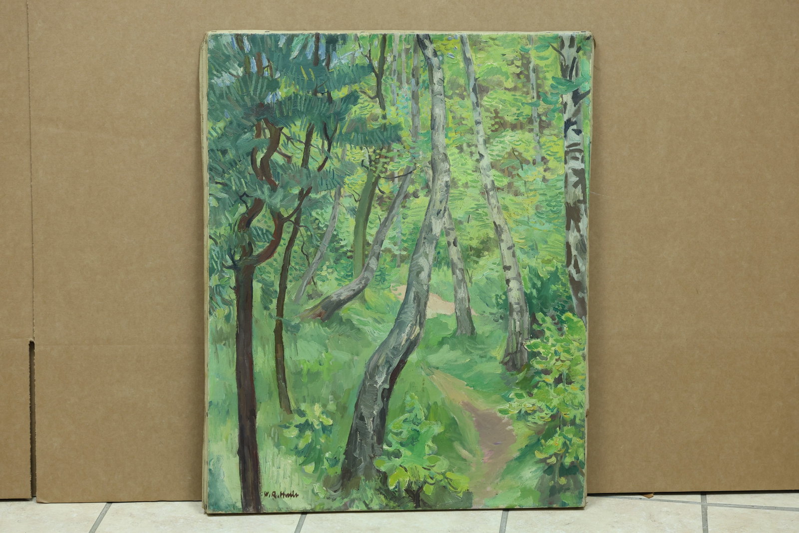 W R Hinckle Style Woodland Birch Path Painting: Framed woodland landscape painting depicting a path among slender birch trees. The lower signature appears to read W R Hinckle but the spelling is not fully confirmed. The broken color and atmospheric