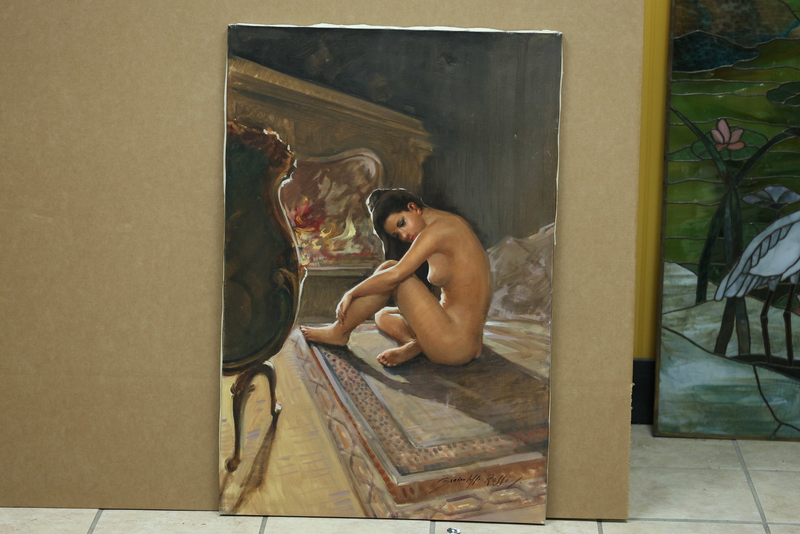 Berkouff or Rossi Seated Nude Interior Painting: Framed interior painting depicting a seated nude woman beside a fireplace. The lower signature appears to read Berkouff or Rossi but remains partly legible. The simplified figure and expressive color 