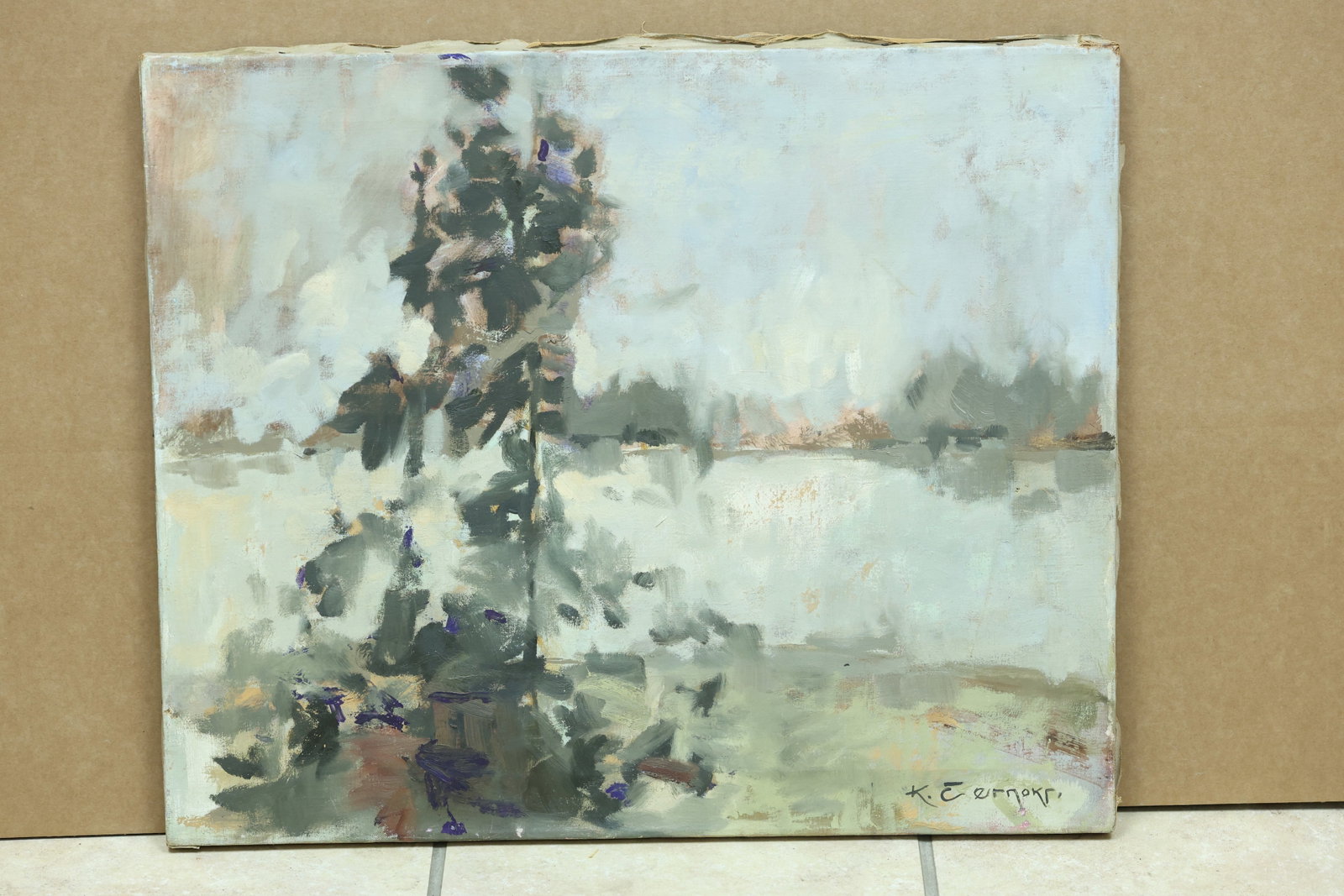 K Stergiou Pale Abstracted Winter Landscape Painting: Framed abstracted winter landscape painting with pale blue gray and cream passages. The lower Greek signature reads K Stergiou. The broken color and atmospheric handling relate to Impressionist landsc
