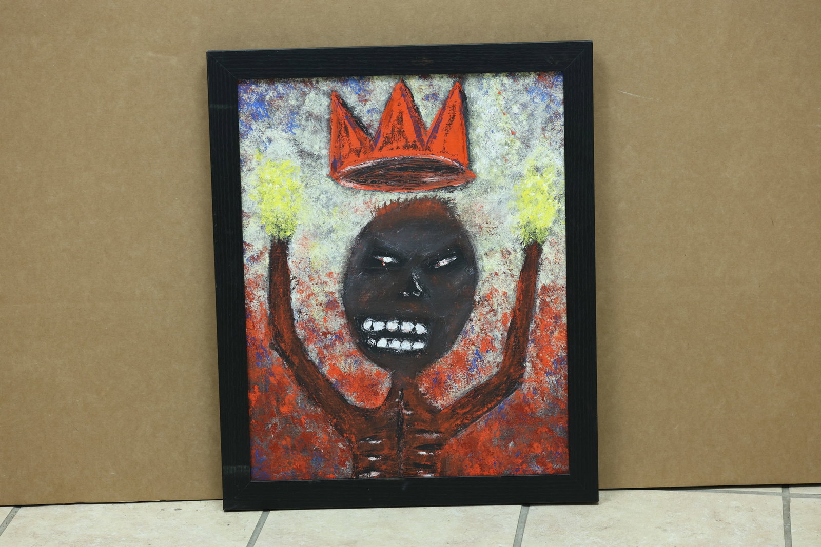 Luke Seaman Crowned Figure with Raised Arms Painting: Framed figural painting depicting a dark crowned figure with raised arms against a vivid patterned ground. The front and reverse markings identify Luke Seaman. The crowned figure and emphatic outline 