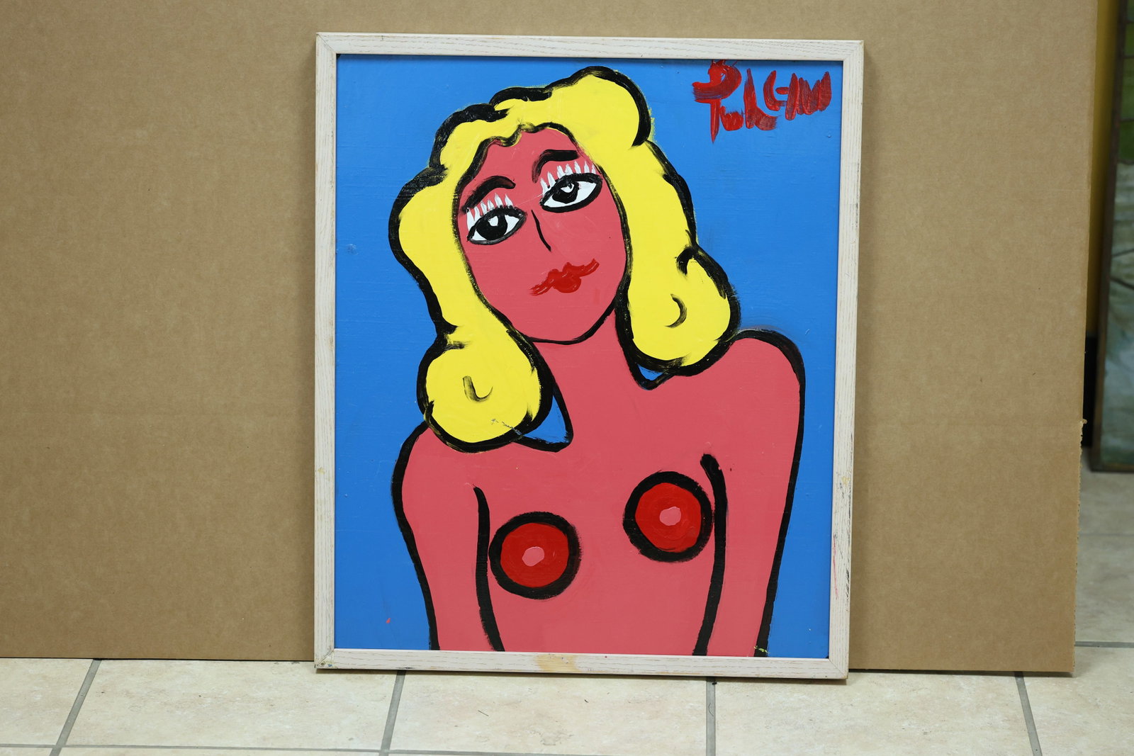 Pulgini Pop Art Blonde Nude Woman Painting: Framed Pop Art style painting depicting a nude blonde woman against a saturated blue ground. The work is signed Pulgini. The flattened figure and saturated color relate to Pop Art and Neo Expressionis