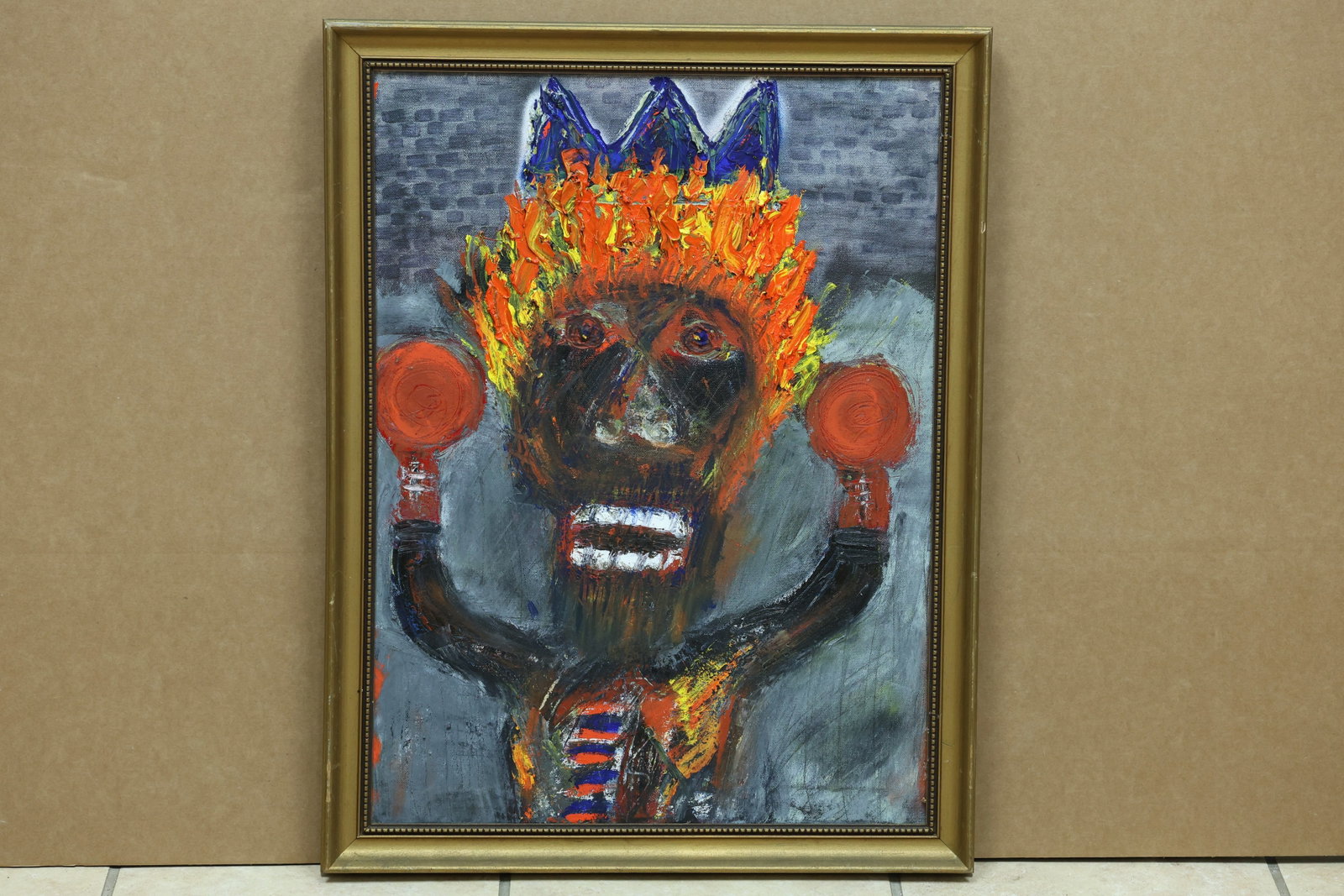 Luke Seaman King Boxer Crowned Figure Painting: Framed figural painting depicting a crowned boxer with raised gloves against a bold patterned ground. The reverse identifies Luke Seaman and the subject King Boxer. The crowned figure and emphatic out