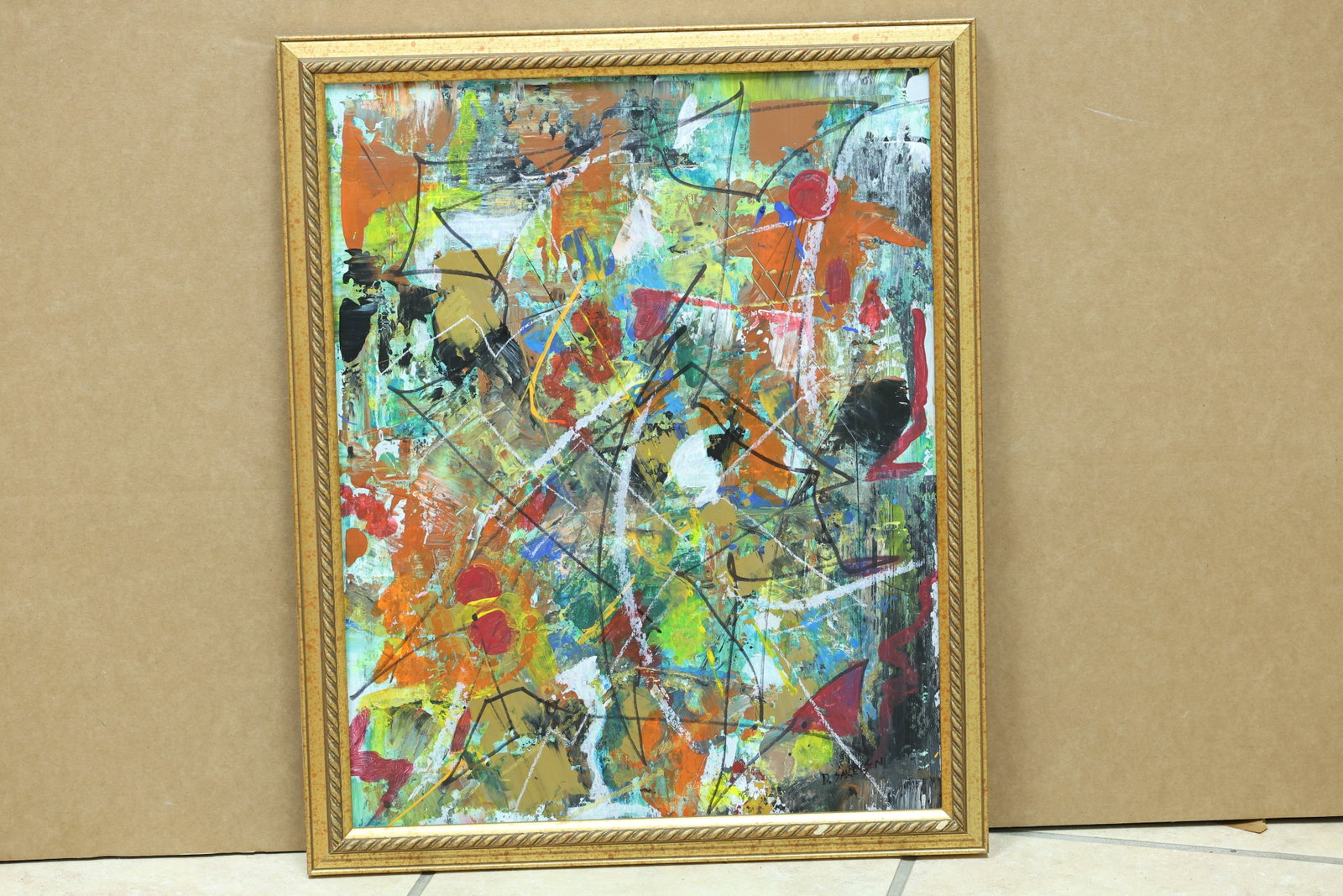 D Sakelson Signed Multicolor Gestural Abstract Painting: Framed abstract painting with dense multicolor gestural marks across a light ground. The work is signed D Sakelson. The layered color and energetic marks relate to Abstract Expressionism associated wi