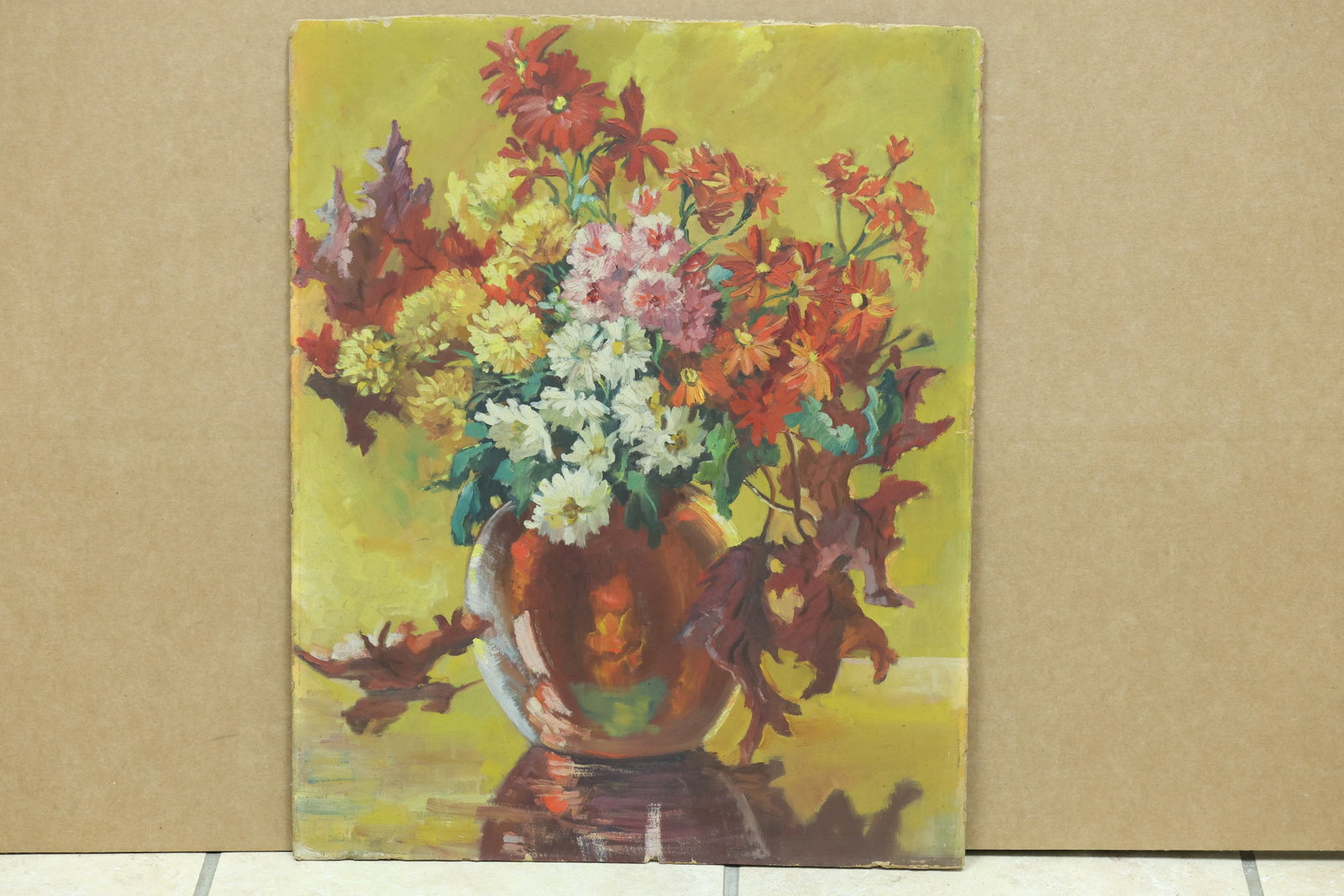 Autumn Flower Still Life Painting on Board: Framed still life painting on board depicting autumn colored flowers in a round vase. No readable artist signature is visible in the reviewed photographs. The floral subject relates to modern still li