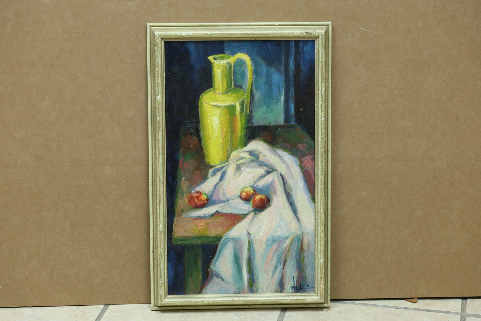 Winsen Yellow Pitcher Apples and White Cloth Still Life: Framed still life painting depicting a yellow pitcher apples and a folded white cloth. The work is signed Winsen. The arrangement relates to modern still life traditions associated with Paul Cezanne a