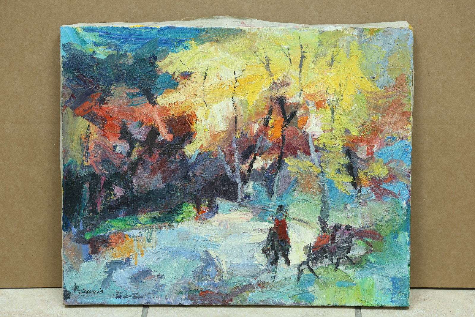 Aurio Autumn Park with Figure and Dog Impasto Painting: Framed impasto landscape painting depicting an autumn park with a figure and dog on a path. The lower signature appears to read Aurio. The broken color and atmospheric handling relate to Impressionist