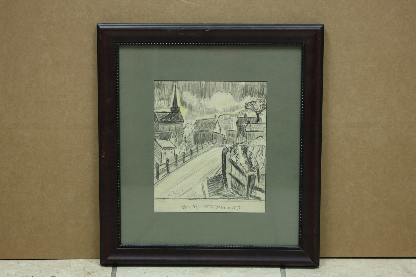 New Hope Street 1936 Pencil Drawing: Framed pencil drawing depicting a street and buildings in New Hope. The inscription reads New Hope Street 1936 H H R and an additional signature is partly legible. The linear treatment relates to mode