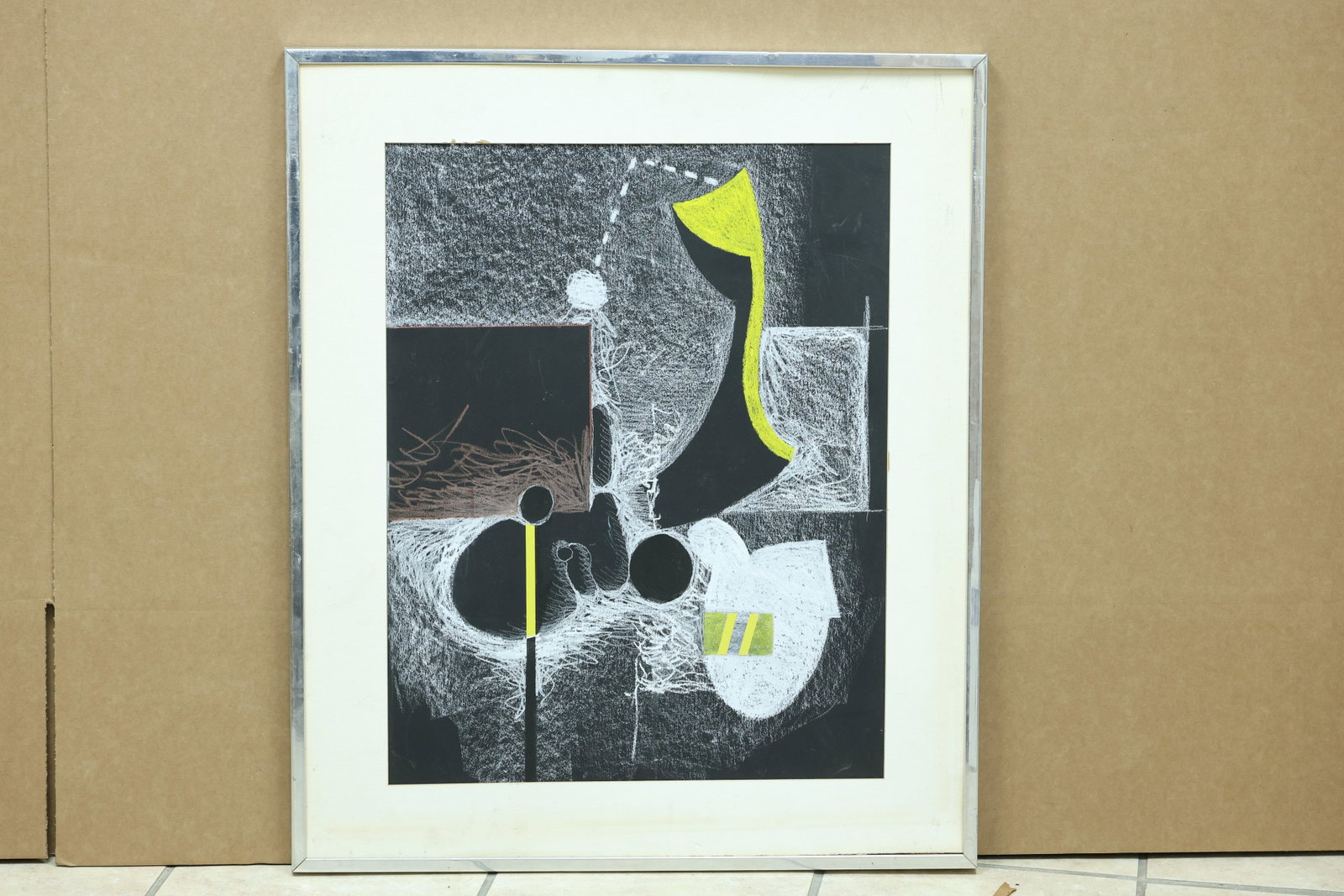 D Mclean Black White and Yellow Geometric Abstract Drawing: Framed abstract drawing with black white and yellow angular forms. The work is signed D Mclean. The structured color and repeated forms relate to Bauhaus abstraction and Op Art associated with Josef A