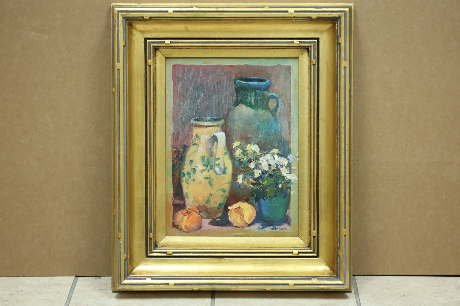 Dalia Barton Pottery Flowers and Fruit Still Life Painting: Framed still life painting depicting ceramic vessels white flowers and fruit on a tabletop. The work is signed D Barton and is identified as a work by Dalia Barton. The arrangement relates to modern