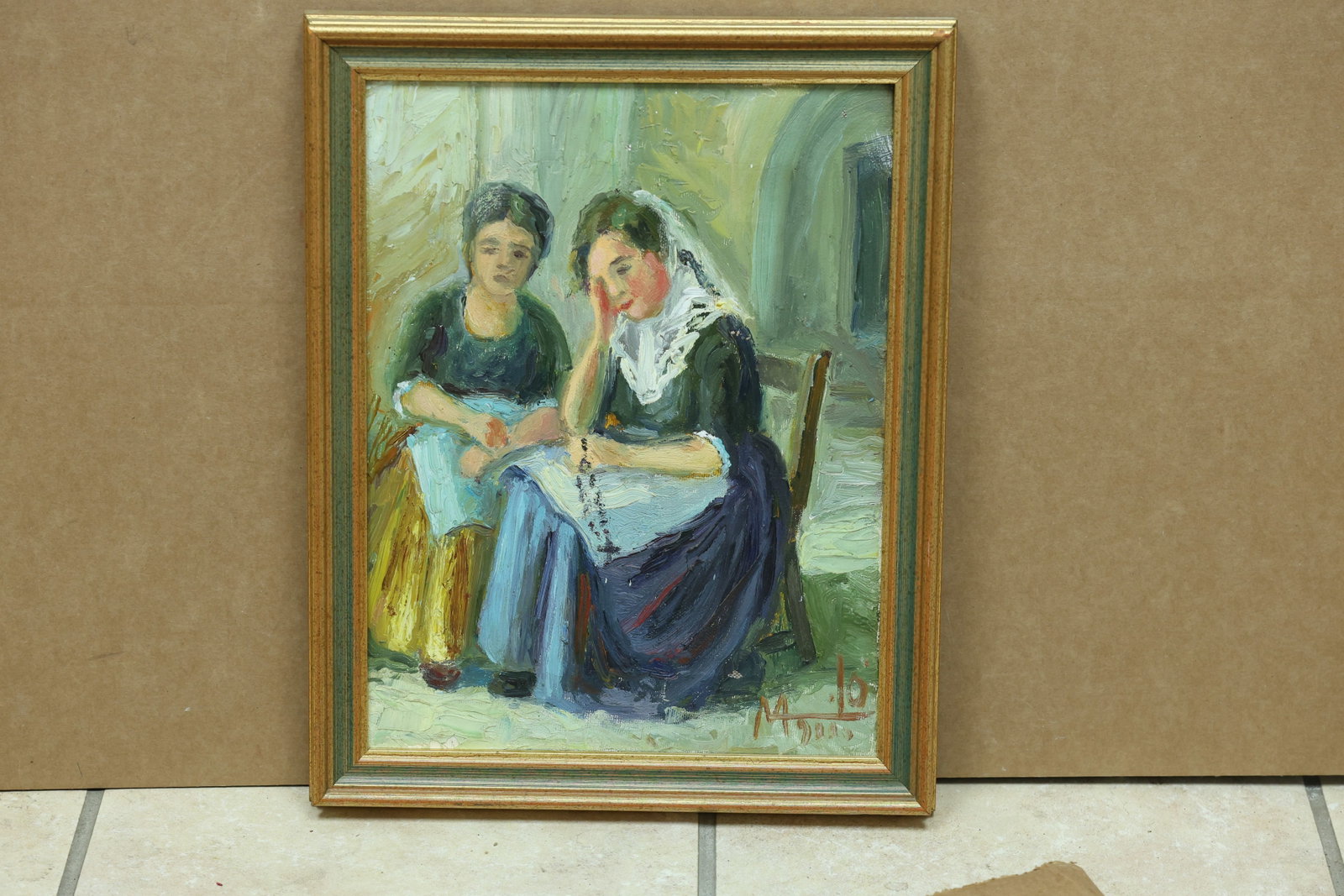 Two Women Seated in Interior Figurative Painting: Framed figurative painting depicting two women seated together in an interior. A large lower signature or monogram is visible but not fully legible. The simplified figure and expressive color relate t