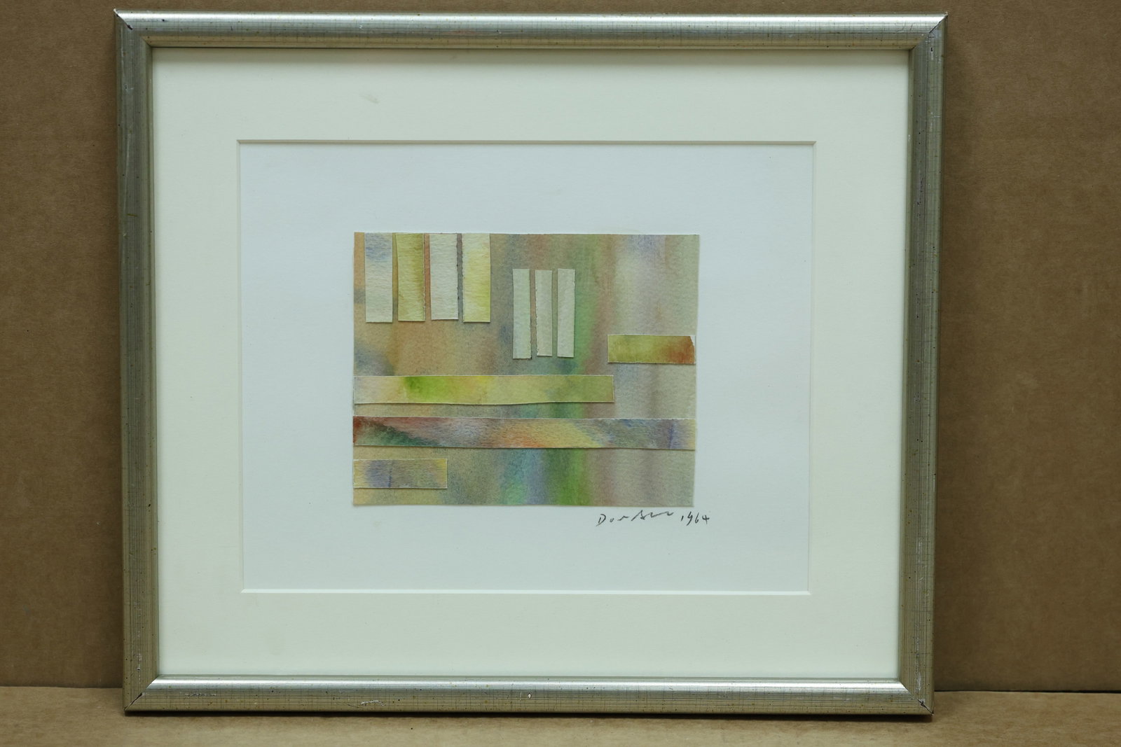 Geometric Modern Mixed Media on Paper Dated 1964: Framed geometric mixed media work on paper with layered linear and rectangular forms. The work is signed and dated 1964 but the artist name is not fully legible. The structured color and repeated