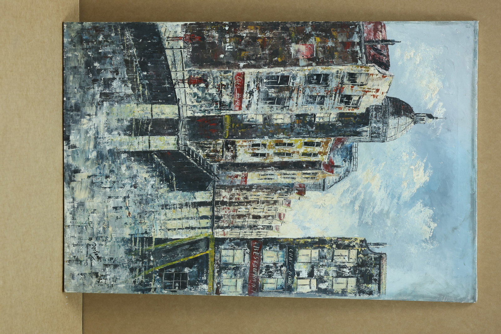 Urban Street and City Painting Signed Pergo: Framed urban painting on canvas depicting a street lined with buildings and figures. The lower signature appears to read Pergo but the spelling is not fully confirmed. The broken color and atmospheric