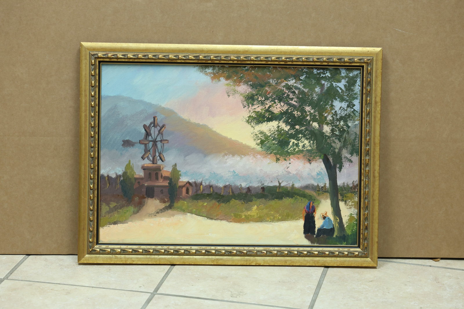 D Sakelson Memorial Monument Landscape Painting: Framed landscape painting depicting a memorial monument with two women nearby. The work is signed D Sakelson. The layered color and energetic marks relate to Abstract Expressionism associated with