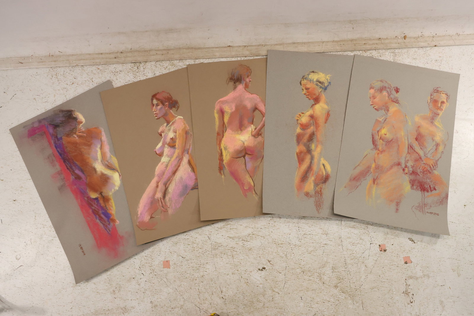 Group of Five Reclining Seated and Upright Nude Pastel Studies by Unidentified Artist: Group of five pastel figure studies on paper by an unidentified artist depicting reclining seated and upright female nude models with strong red ground marks. Each work is dated and unsigned. No artis
