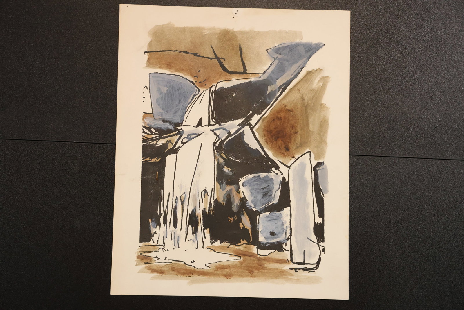 Robert Angeloch Abstract Brown Blue Landscape Drawing on Paper: Original drawing on paper by Robert Angeloch with abstracted rock and landscape forms in brown blue black and cream. The image combines ink like contour lines with transparent wash and block shaped co