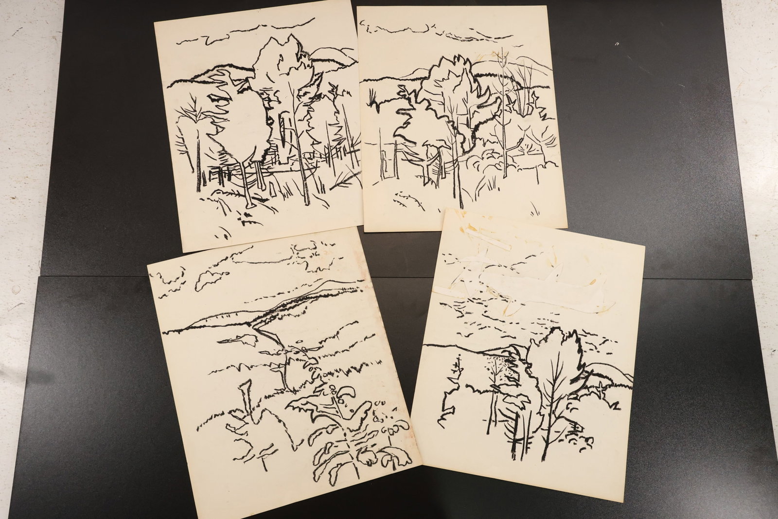 Robert Angeloch Signed Woodland Landscape Drawing Group: Group of original woodland landscape drawings on paper by Robert Angeloch. The works depict trees distant hills and open ground with concise black contour lines. A visible signature appears on the fro