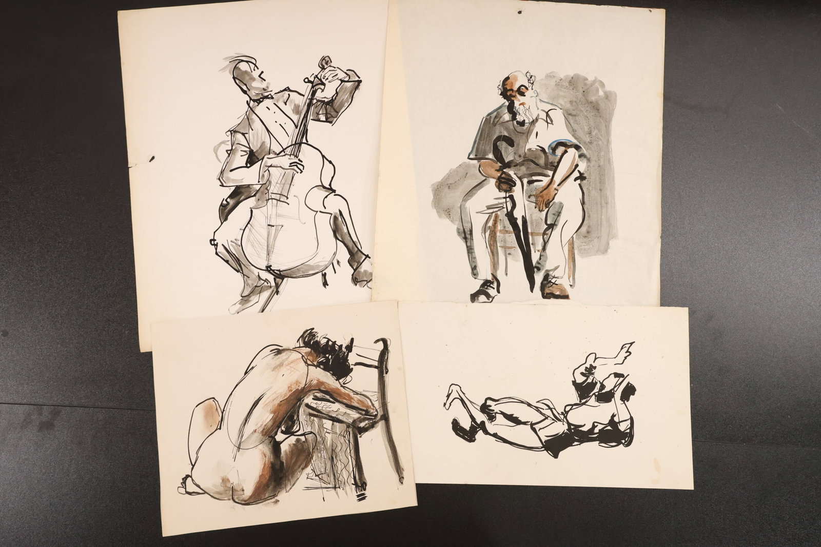 Robert Angeloch Group of Four Seated Figure Drawings: Group of four original figure drawings on paper by Robert Angeloch depicting musicians and seated figures in black gray and brown line and wash. The direct economical marks emphasize posture gesture a