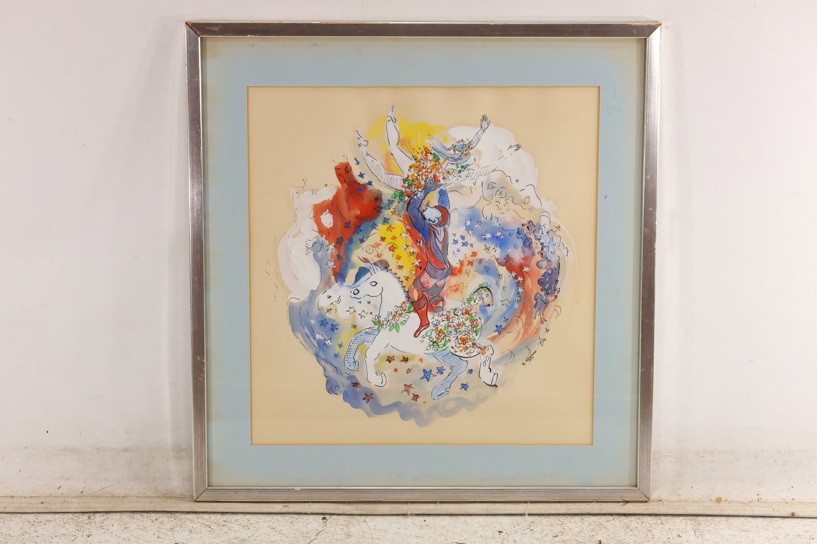 Signed G Newman 1972 Whimsical Abstract Painting on Paper: Original painting on paper signed G Newman and dated 1972. The composition combines loosely drawn figures animals and floating color passages in blue orange yellow and red within a matted frame. The d