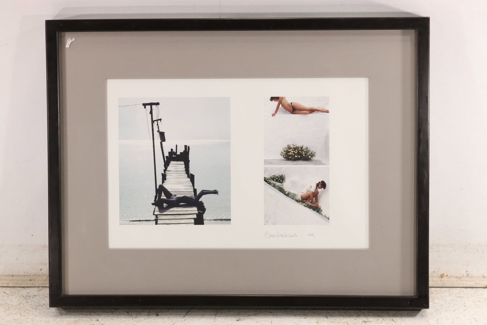 Sam Haskins Figure Photography Montage with Gallery Label: Framed photographic montage attributed to Sam Haskins featuring a studio camera image paired with smaller female figure studies. A Peter Muscato Gallery label is present on the back and provides the p