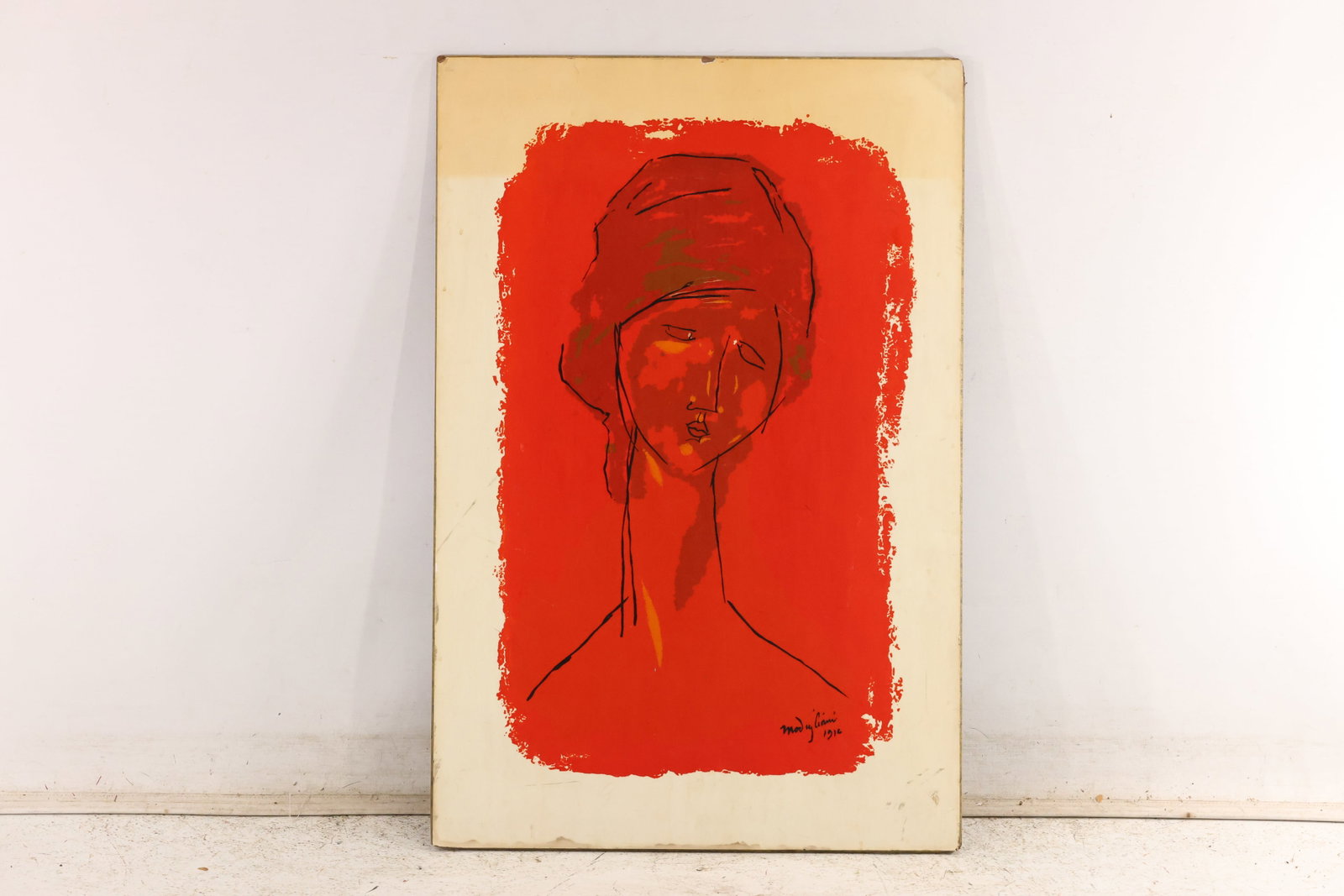 After Amedeo Modigliani Red Portrait Lithograph on Board: Lithographic portrait mounted to board after a composition associated with Amedeo Modigliani. The image presents an elongated red head with simplified features and dark linear definition on a pale fie