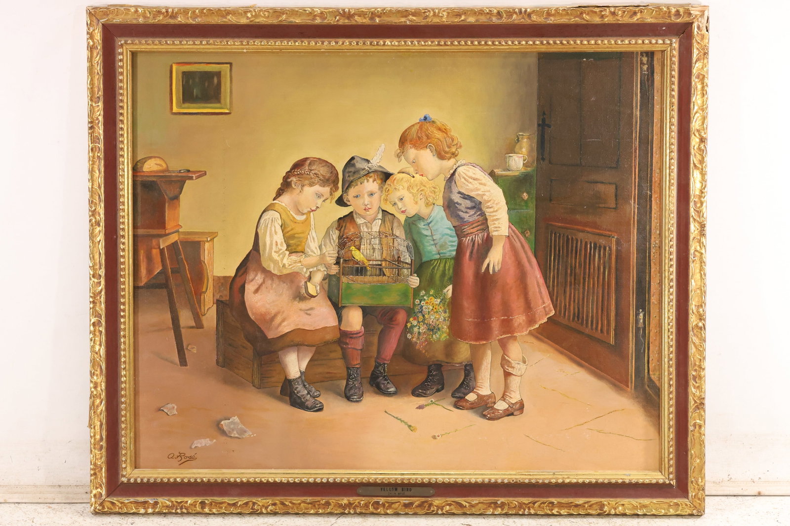 Signed A Rose Yellow Bird Vintage Genre Oil Painting: Vintage oil painting on canvas titled Yellow Bird and signed A Rose. The interior scene depicts children gathered around a seated figure with a small yellow bird serving as the narrative focus. The do